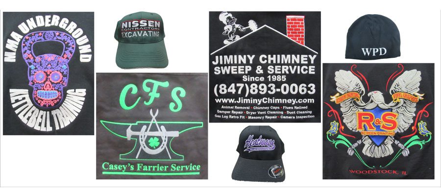 Various styles of Team and business logos embroidered on hats and shirts 