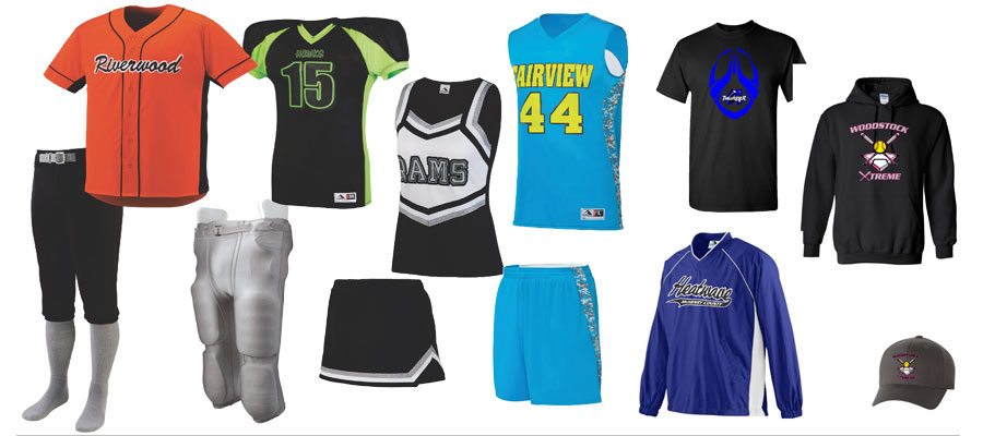 Various parts of uniforms with different colored shirts and bottoms 